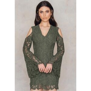 Keepsake Lace Dress Green Open Shoulder Bell Sleeve Mini Vneck
